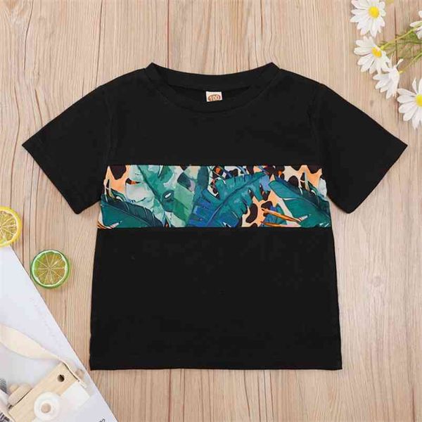 

summer children casual cotton short sleeve o neck patchwork print leaves baby girl or boys t-shirt 3-10t 210629, Blue