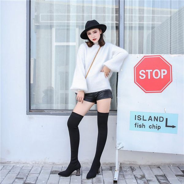 

boots winter increase keep warm socks woman elastic force sharp high with overknee long thick, Black