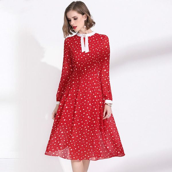 

casual dresses dress 2021 women wear polka dot red chiffon classy round neck long sleeves slim a-line elegant over the knees -xxl, Black;gray