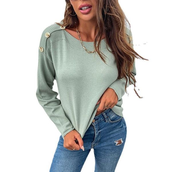 

women's sweaters 2021 fashion women sweater casual round neck pullover solid color shoulder button loose knit long-sleeved, White;black