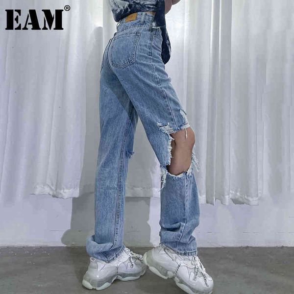 

[eam] high waist blue long holes denim wide leg trousers loose fit pants women fashion spring autumn 1dd79390 21512