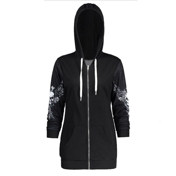 

women's jackets goth hoodie skull print, woman's blouse with cordon, casual cool fitness zipper, trendy black hoodie. vdii, Black;brown