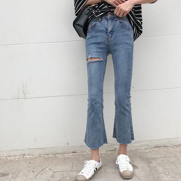 

autumn office ladies' high waist denim trousers cutting burrs ankle-length women fashion jeans with holes cotton pants women's, Blue