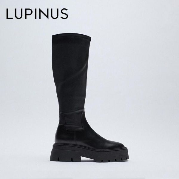 

chunky platform leather knee high boots riding round toe women shoes, Black