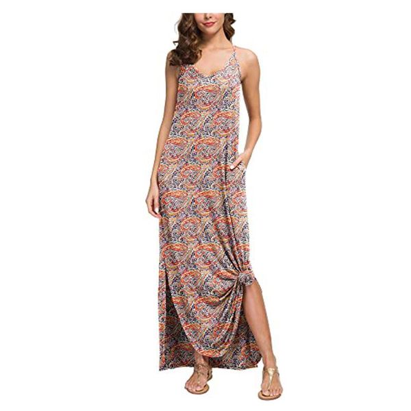 

casual dresses women spaghetti strap dress summer split print loose lady ankle length vintage pockets beach wear plus size #lr2, Black;gray