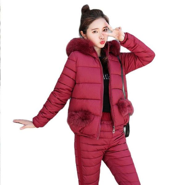 

women's two piece pants winter fashion set two-piece suit 2021 slim hooded fur collar jacket cotton trousers women large size warm shor, White