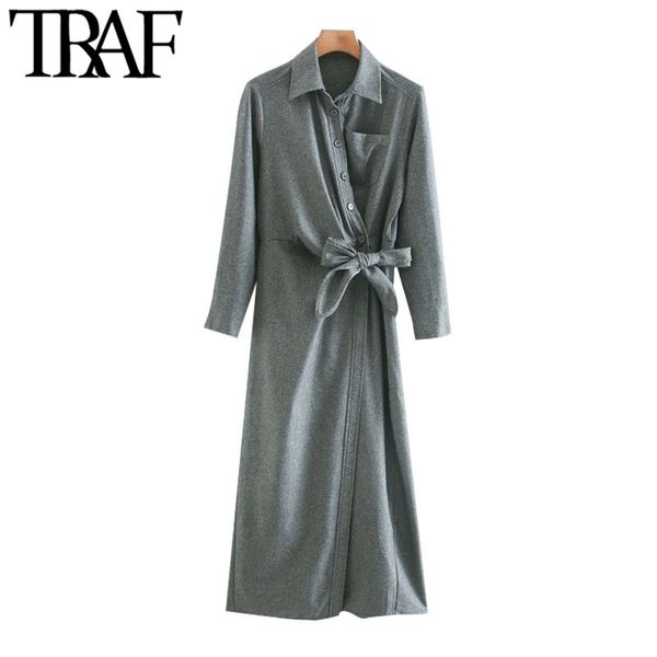 

traf women fashion with pockets knotted midi dress vintage long sleeve button-up female dresses vestidos mujer 210415, Black;gray