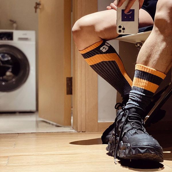 

men's socks fashion letter striped pattern gay men sports male crew streetwear cotton sock comfortable, Black