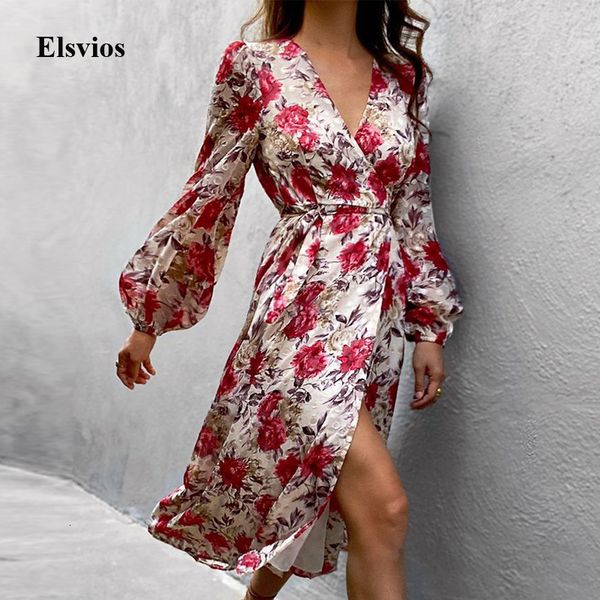

casual dresses 2021 spring lantern sleeve split party deep v-neck floral print long vintage women summer beach vestidos 9sl2, Black;gray