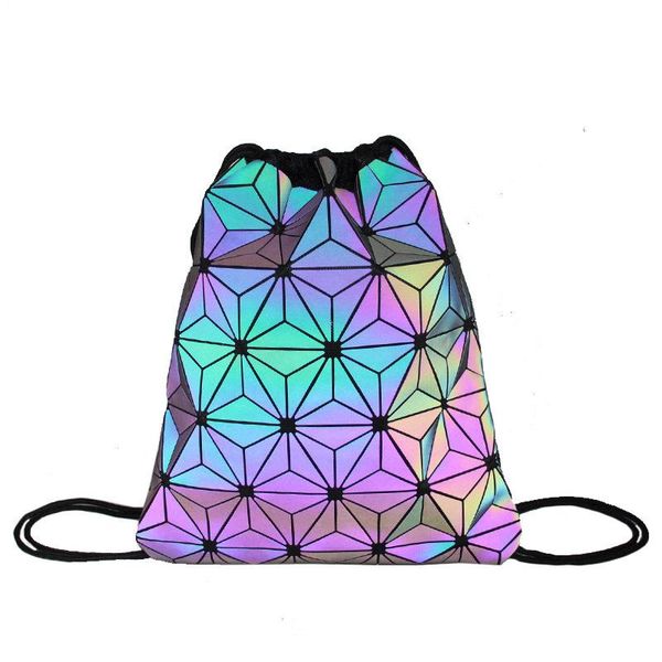 

backpack pu leather holographic geometric drawstring gym travel string bag black