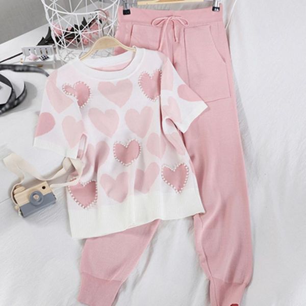 

women's knitting 2 piece sets love heart shaped beaded short sleeve o-neck + bow lace-up long pants set two dress, White