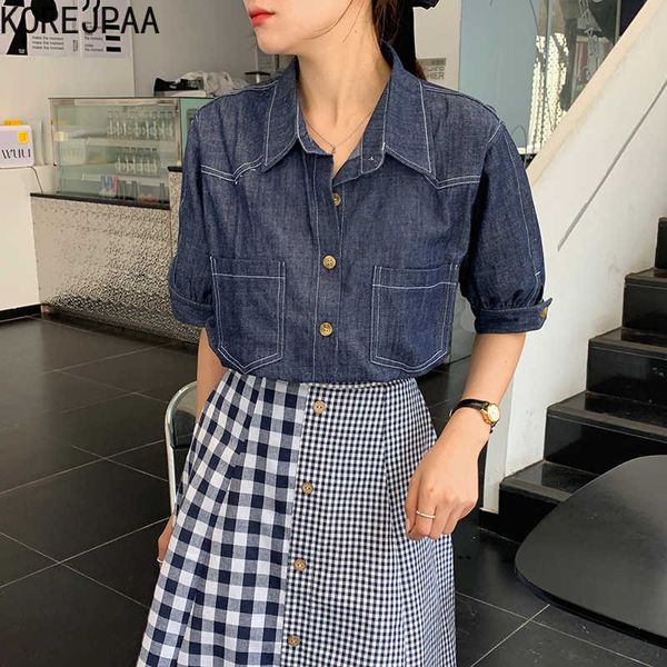 Korejpaa Donna Imposta Estate Coreano Chic Signore Retro Risvolto Camicia di Jeans a Maniche Corte Gonna a Quadri a Vita Alta Cuciture 210526