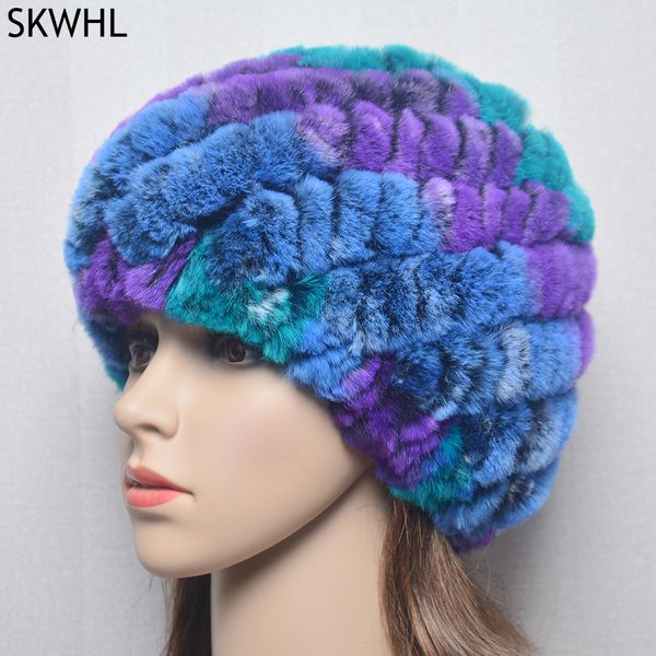 

lady winter 100% natural real rex rabbit fur hat women soft rabbit cap warm knitted genuine skullies beanies hats, Silver