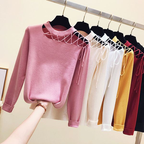 

knit women women sweaters pullovers o-neck korean solid lace up ladies white and yellow sweater 5942 50 210415, White;black
