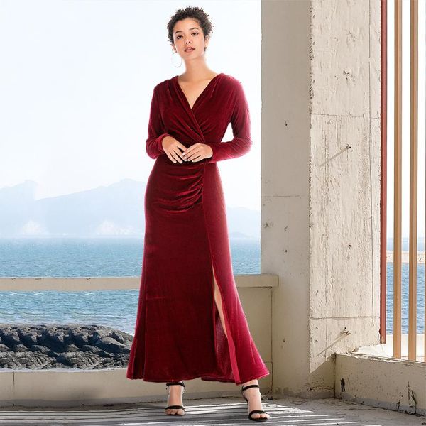 

casual dresses women spring autumn gold velvet dress long sleeve v-neck side slit maxi ladies formal elegant evening party, Black;gray