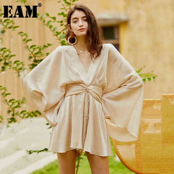 

[eam] women kot pleated split joint temperament mini dress v-neck long sleeve loose fit fashion spring summer 1y634 21512, Black;gray