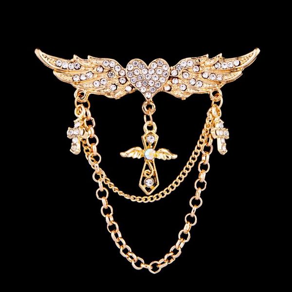 

pins, brooches classic colorful crystal angel's wing cross tassels brooch for men crown alloy vintage pins suit decoration gift, Gray