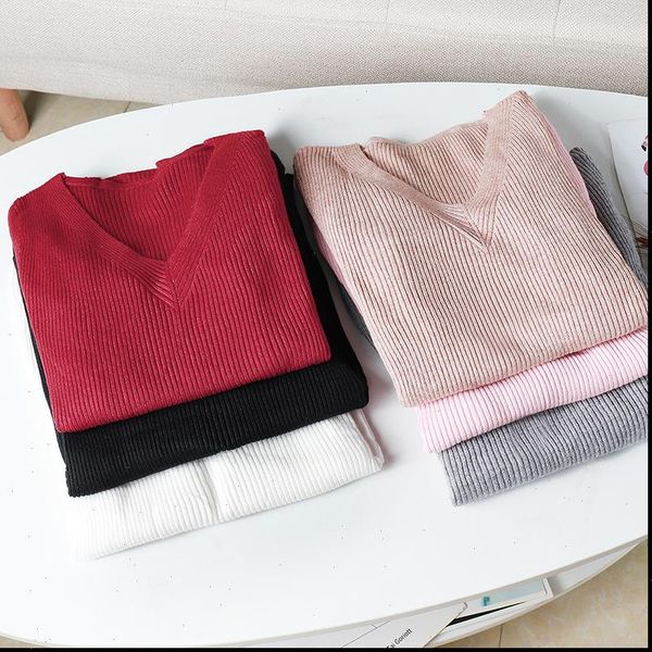 

autumn winter chic v neck womens sweaters slim knitted pullovers long sleeve warm basic black, White;black