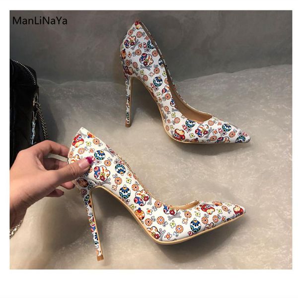 

dress shoes luxury design printing cartoon pattern women pumps super high heel pointed toe graffit runway slip on heels, Black