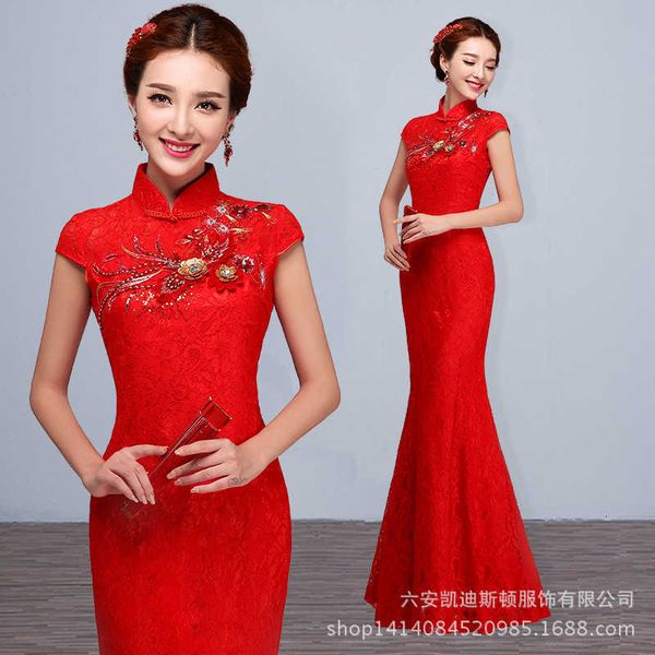 

evening luxury dresses bride's toast red spring and summer evening fishtail cheongsam lace long slim bridal drs, Black;red