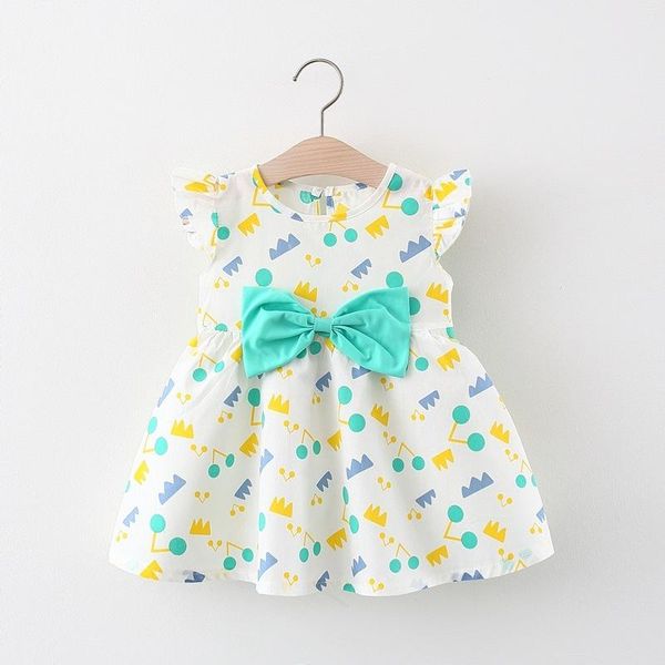 

summer baby girls cherry crown print ruffles sleeve o neck casual children kids cute bow pleated dress vestidos girl's dresses, Red;yellow