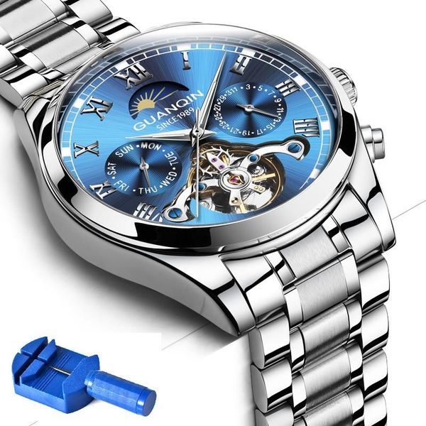 

wristwatches guanqin gj16149 watch male mechanical automatic hollow tourbillon waterproof luminous belt men's dual calendar, Slivery;brown