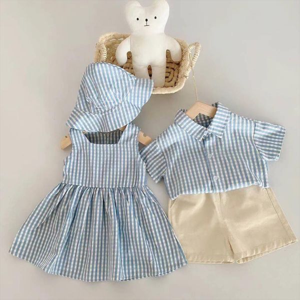 

kids sister brother clothes set family matching outfits toddler girls dress boys suits child summer baby plaid sets, White