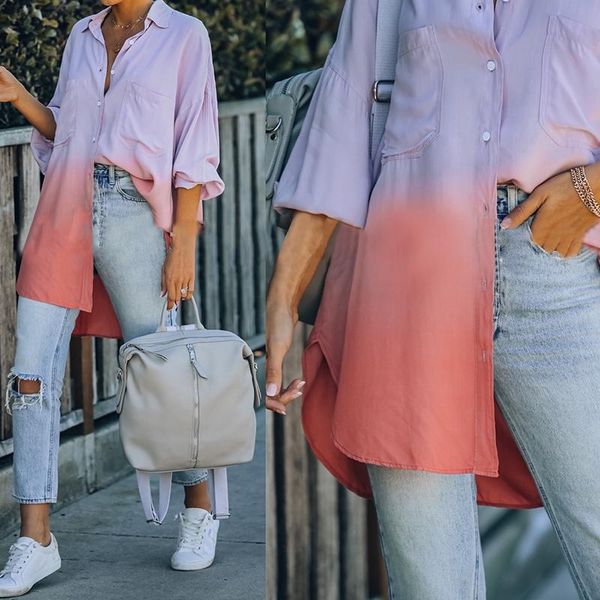 

women's blouses & shirts 2021 oversize casual shirt lantern sleeve tie-dyed turn-down collar loose single breasted cardigan spring summ, White