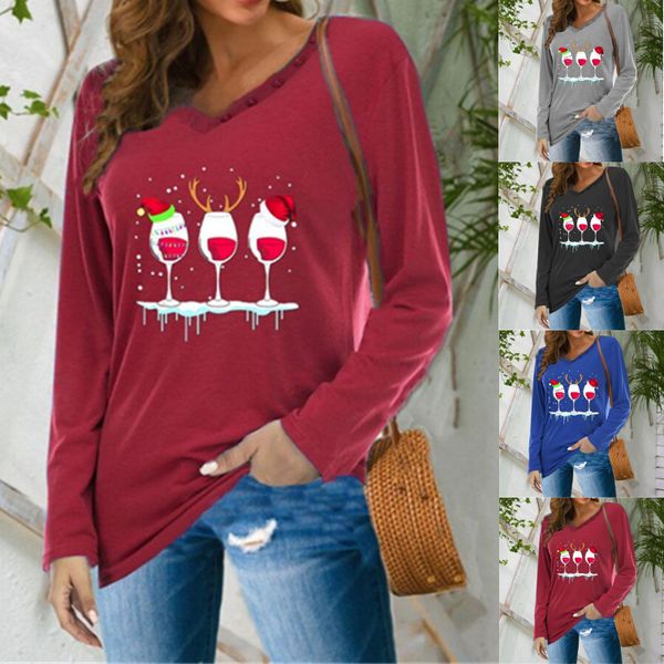 

plus size t-shirt women's v-neck button long-sleeved christmas wine glass print printed tee, Black