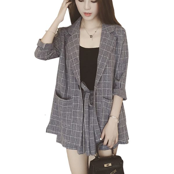 

two piece dress spring summer women's large size was thin small suit casual plaid sets single button + lacing shorts two-piece setl5 7c, White