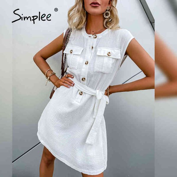 

casual white cotton sleeveless dress elegant summer buttoned lace-up dresses office ladies o-neck a-line vestidos 210414, Black;gray