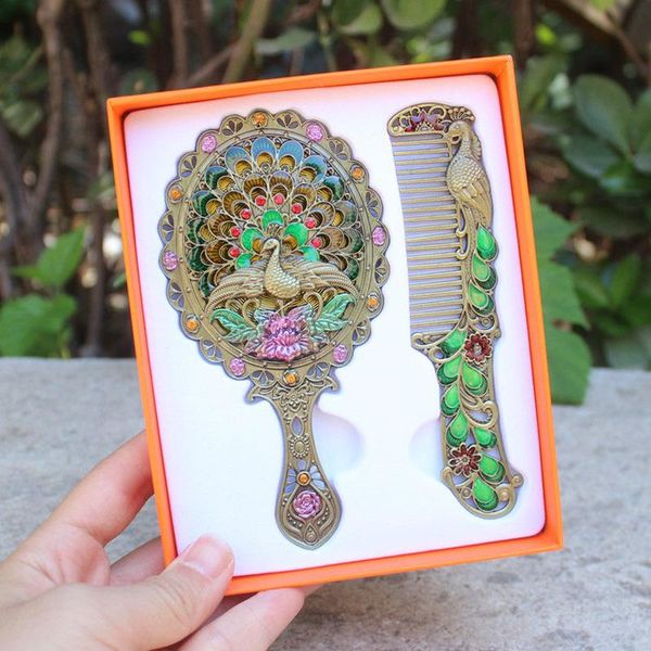 

travel gift retro makeup handle mirror comb set simple creative portable dormitory decor student peacock lb41613 mirrors