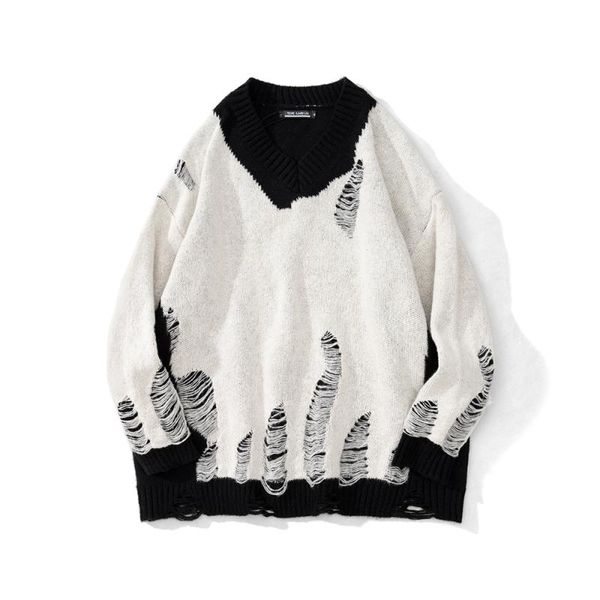 

men's sweaters winter fashion streetwear men oversized frayed knitted goth long sleeve pullovers harajuku sweater y2k clothing, White;black