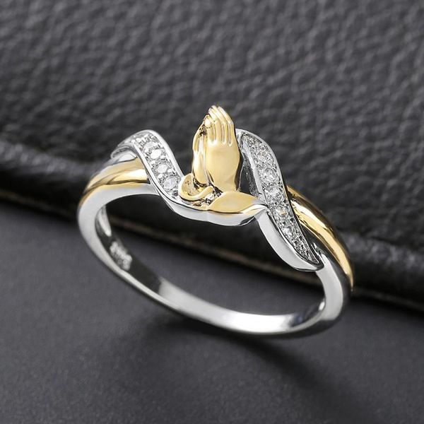 

luxury male female double hand ring charm gold silver color engagement punk white zircon stone wedding rings for women men, Slivery;golden