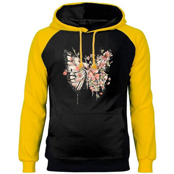 

flower butterfly beautifu kawaii raglan hoodie street outdoor pullover winter warm hoodies men fitted printed sweatshirt men's & sweats, Black
