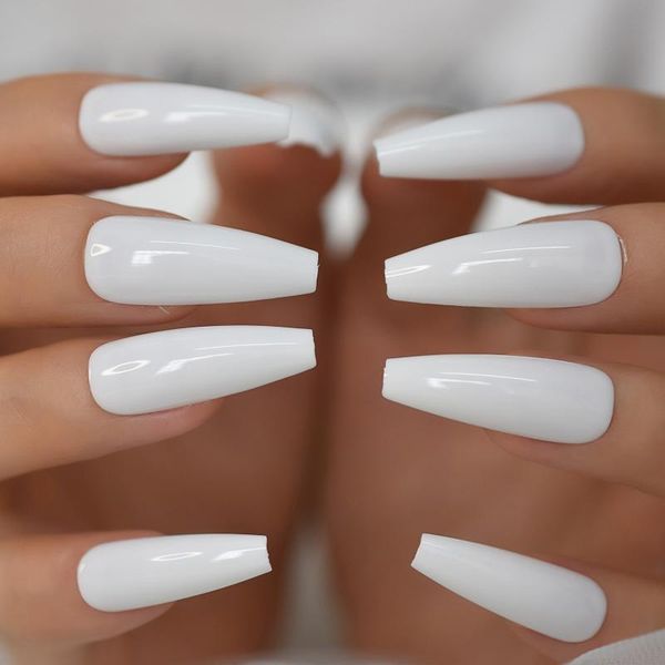 

false nails white fake press on acrylic tips gel solid color long coffin ballerina nail set for salon diy home, Red;gold