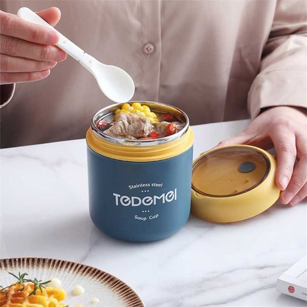 Mini recipiente de alimentos de almoço térmico com colher de aço inoxidável Vaccum copo Sopa isolada taza desayuno portatil 211104