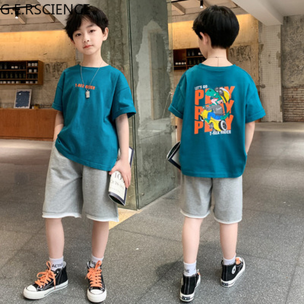

childrens 2022 new summer boy short-sleeved suit dinosaur big childrens five-point pants two-piece suit, White