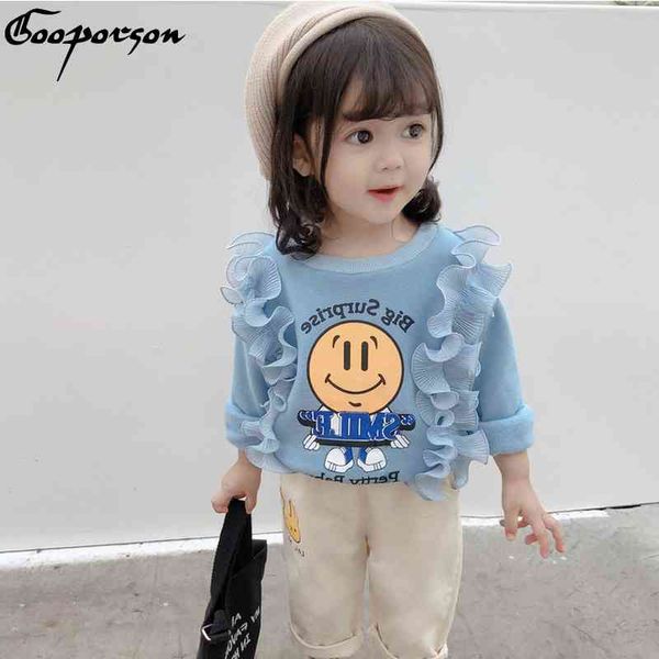 Mädchen Kleidung Langarm Mode Cartoon Shirts Blau/weiß Casual Tee Spitze Marke Nette Tops Kleidung 210508