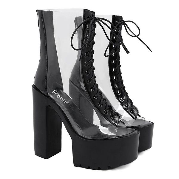 

sandals womens open toe lace-up transparent pvc gladiator high heels summer shoes platform block heel, Black