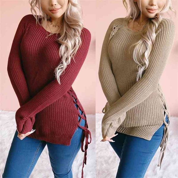 

autumn winter casual slim sweater round neck solid color tie knitted women fashion side split lace-up s 210517, White;black