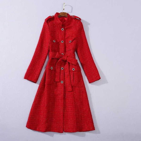 

women's wool & blends elegant ol chic belt overcoat autumn winter stand collar tweed coat c493, Black
