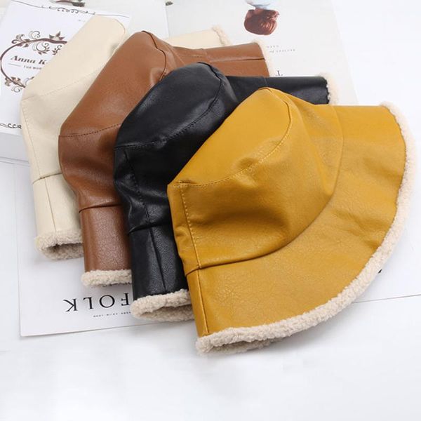 

new winter hat women pu warm velvet solid bucket hats fashion single side panama fisherman caps tourism, Blue;gray