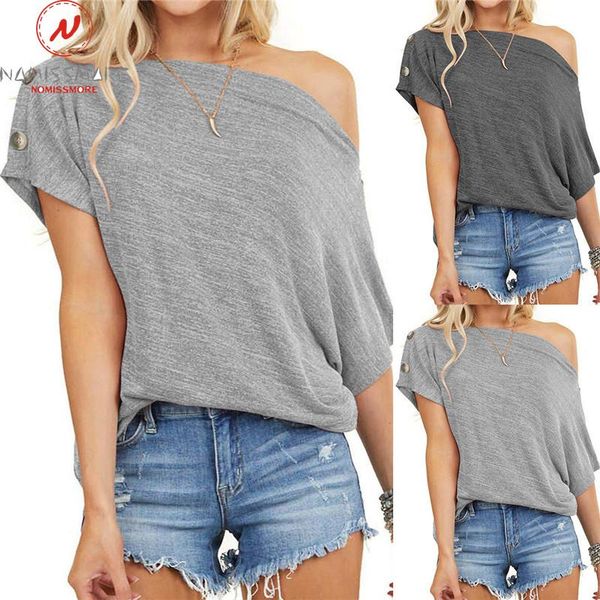 

women's t-shirt women summer casual loose t-shirts irregular design button decor asymmetrical collar short sleeve solid color pullovers, White