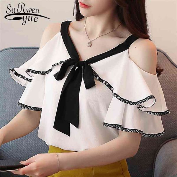 

fashion short sleeve women chiffon shirt blouse strapless bow v-neck 's clothing blusas d598 210421, White