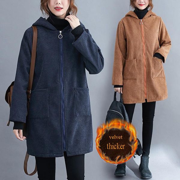 

women's vests elifashion art loose corduroy plus velvet thick hooded long-sleeved mid-length women jacket for autumn & winter, Black;white