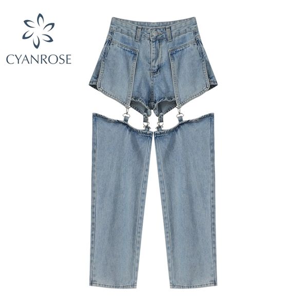 Jeans streetwear donna a vita alta pantaloni in denim patchwork moda vintage donna estate Harajuku pantaloni larghi a gamba larga 210515