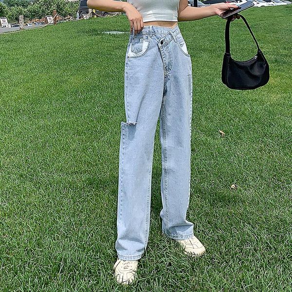 

women's jeans high waist straightÂ jeans women ripped vintage all-match simple for womenÂ push up wide leg trousers harajuku denim pants, Blue