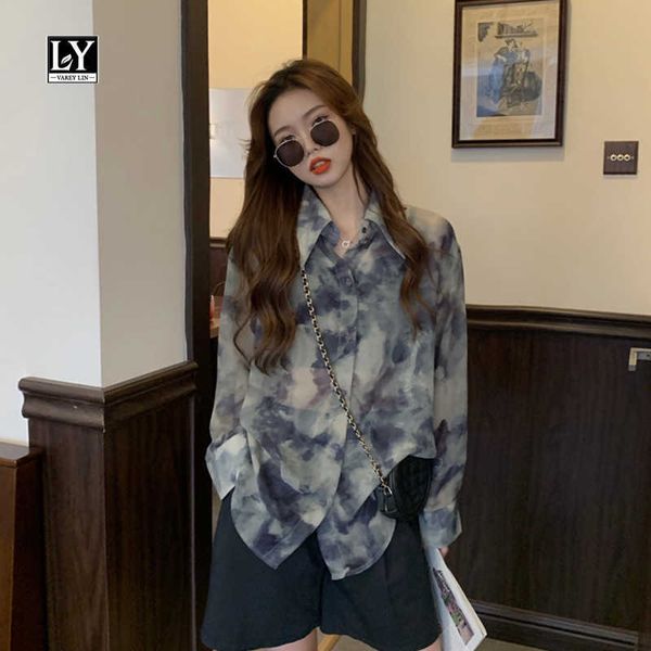 

ly varey lin spring autumn women vintage oversized chiffon shirt tie dyed gradient color thin long sleeve collar blouse 210526, White