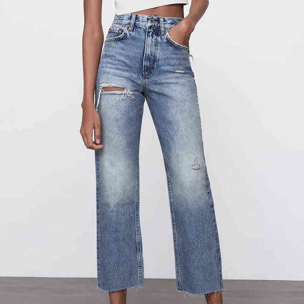 ZA Damen zerrissene Jeans mit geradem Bein, gewaschen, in voller Länge, hohe Taille, Mom-Jeanshose, Taschenloch, weitbeinige Hose für Damen 211129